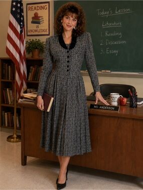 Vintage Karin Stevens 80s Midi Dress Size 12 Pleated Secretary Teacher Rayon.